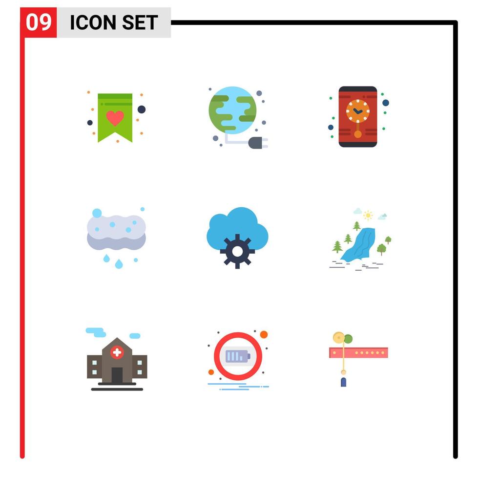 Pack of 9 Modern Flat Colors Signs and Symbols for Web Print Media such as waterfall control time cloud sponge Editable Vector Design Elements