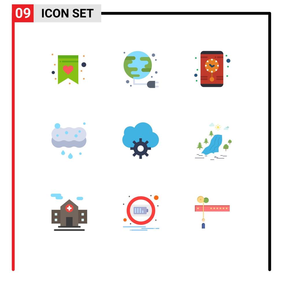 paquete de 9 signos y símbolos de colores planos modernos para medios de impresión web, como elementos de diseño de vectores editables de esponja de nube de tiempo de control de cascada