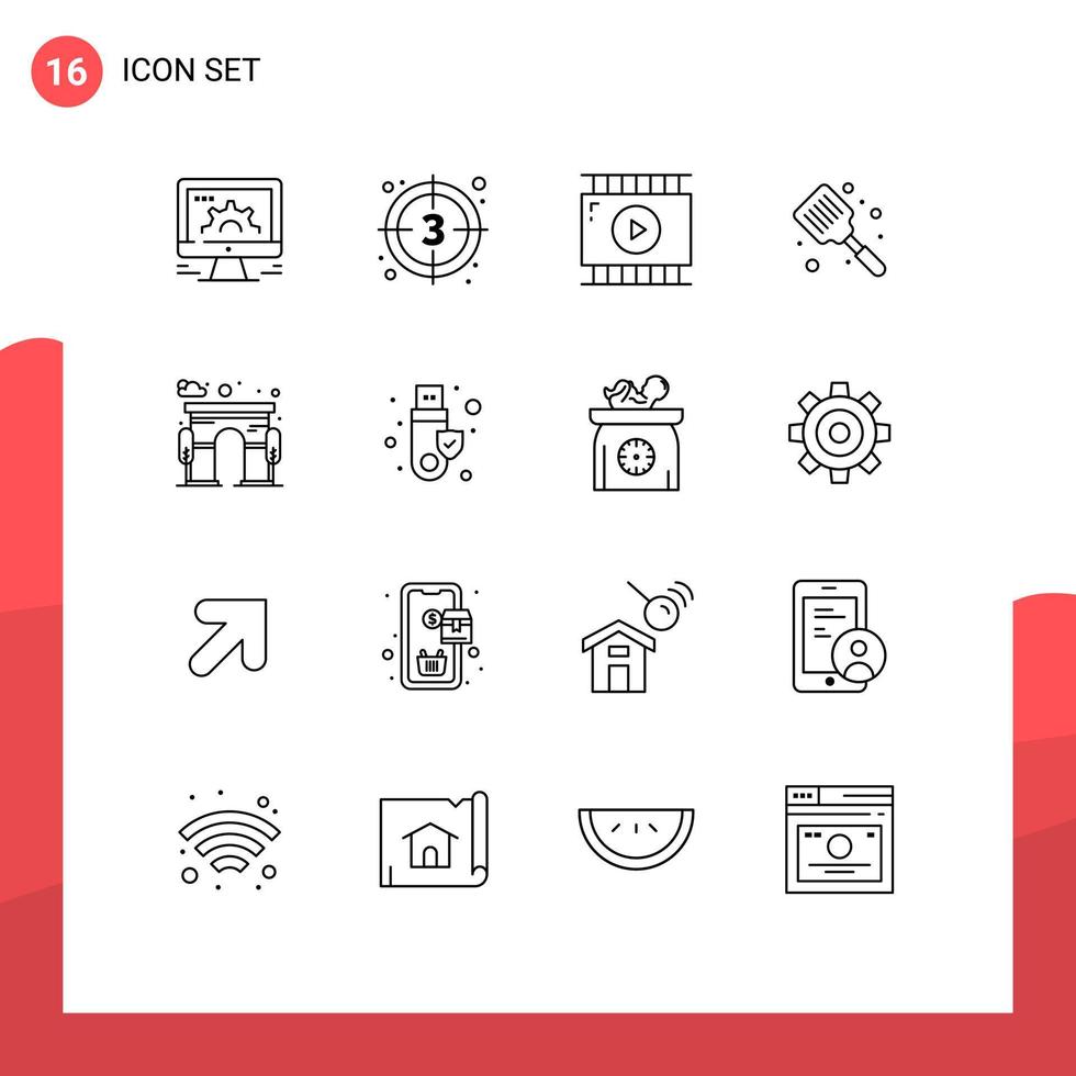 User Interface Pack of 16 Basic Outlines of flipper baking start baked video app Editable Vector Design Elements