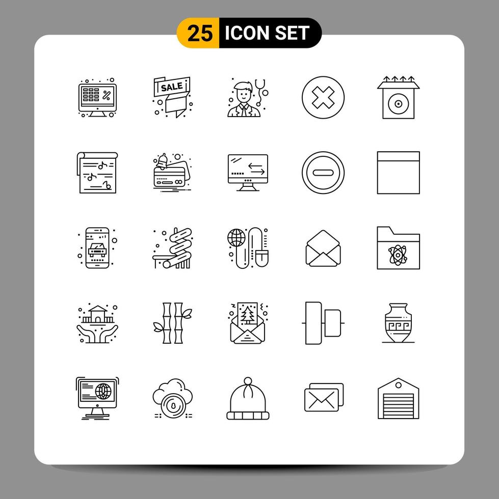 Line Pack of 25 Universal Symbols of cd multimedia sale tag delete stethoscope Editable Vector Design Elements