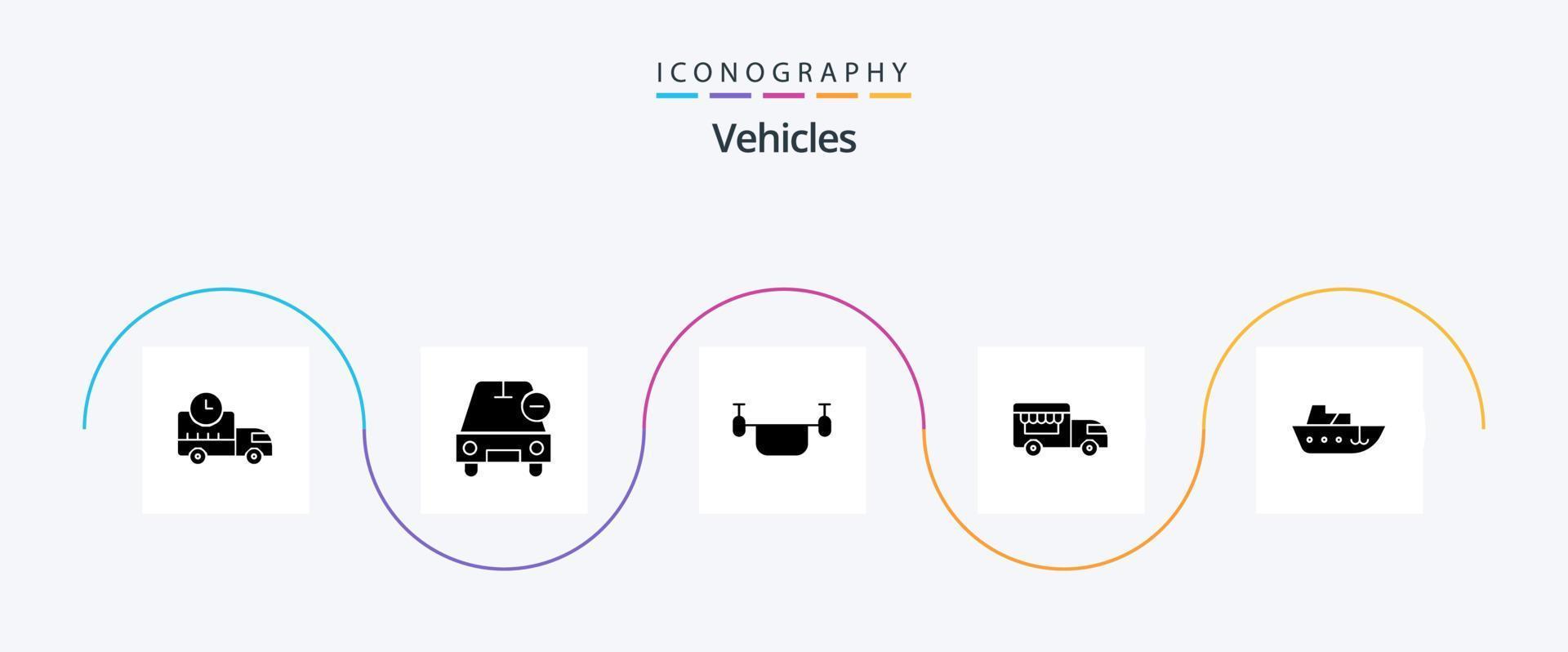 Vehicles Glyph 5 Icon Pack Including boat. shop on wheels. vehicles. ice cream. transportation vector