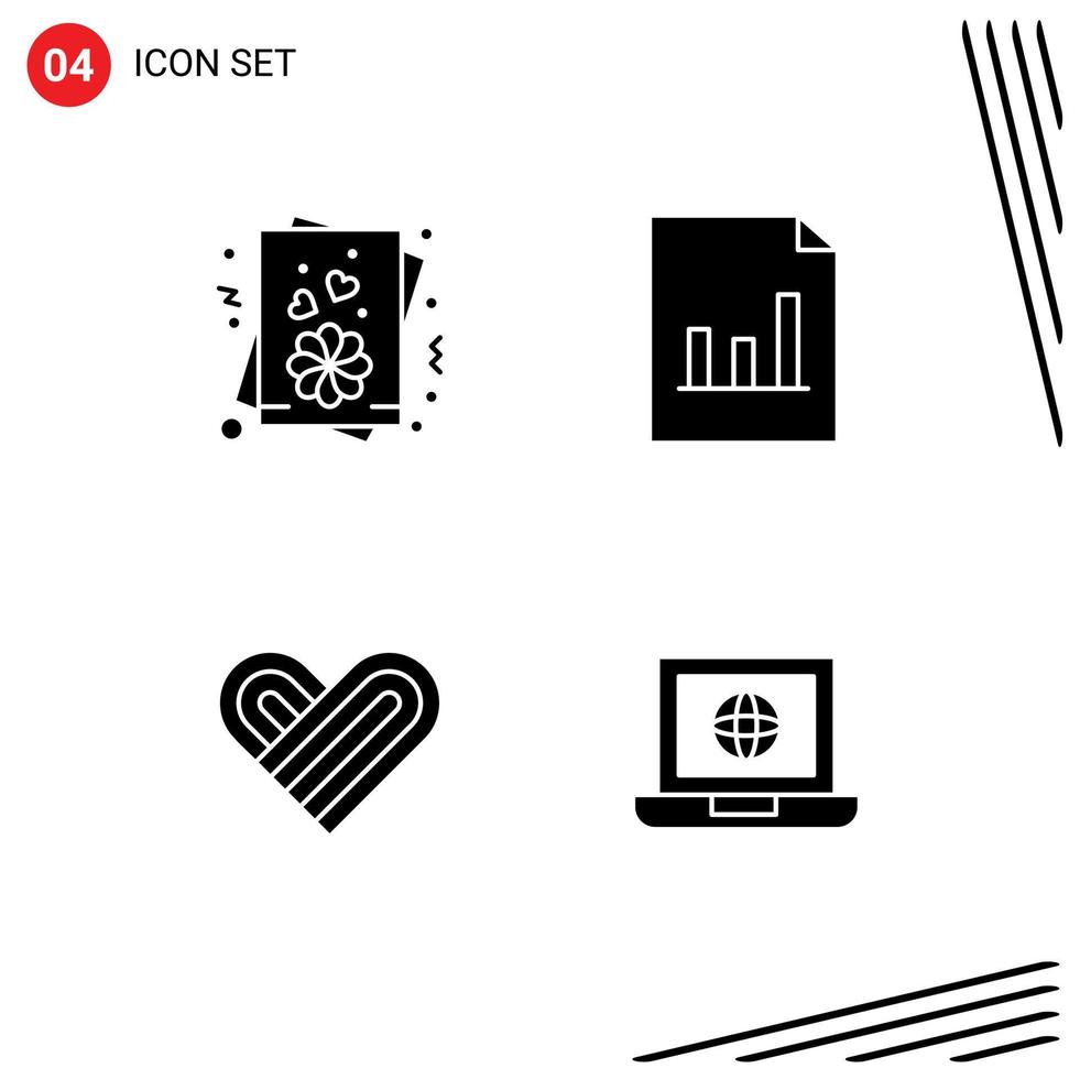 Group of 4 Solid Glyphs Signs and Symbols for card laptop analytics heart globe Editable Vector Design Elements