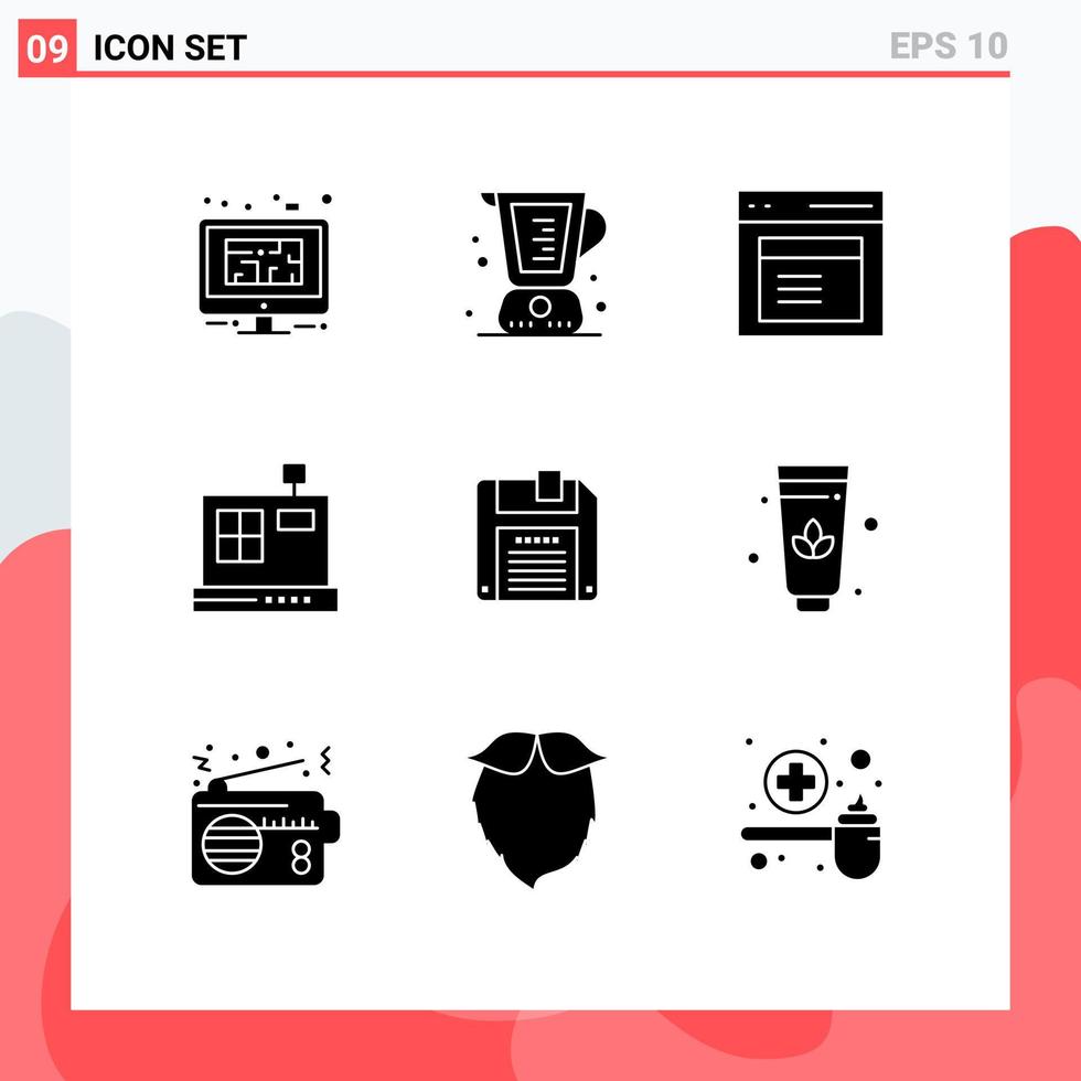 Modern Set of 9 Solid Glyphs Pictograph of e cashbox jug window modal Editable Vector Design Elements