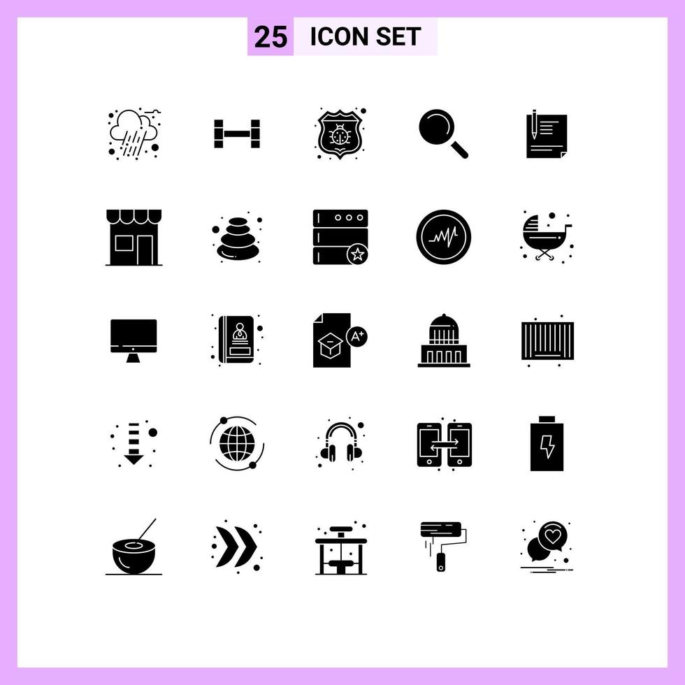 Set of 25 Commercial Solid Glyphs pack for sign page security file contract Editable Vector Design Elements