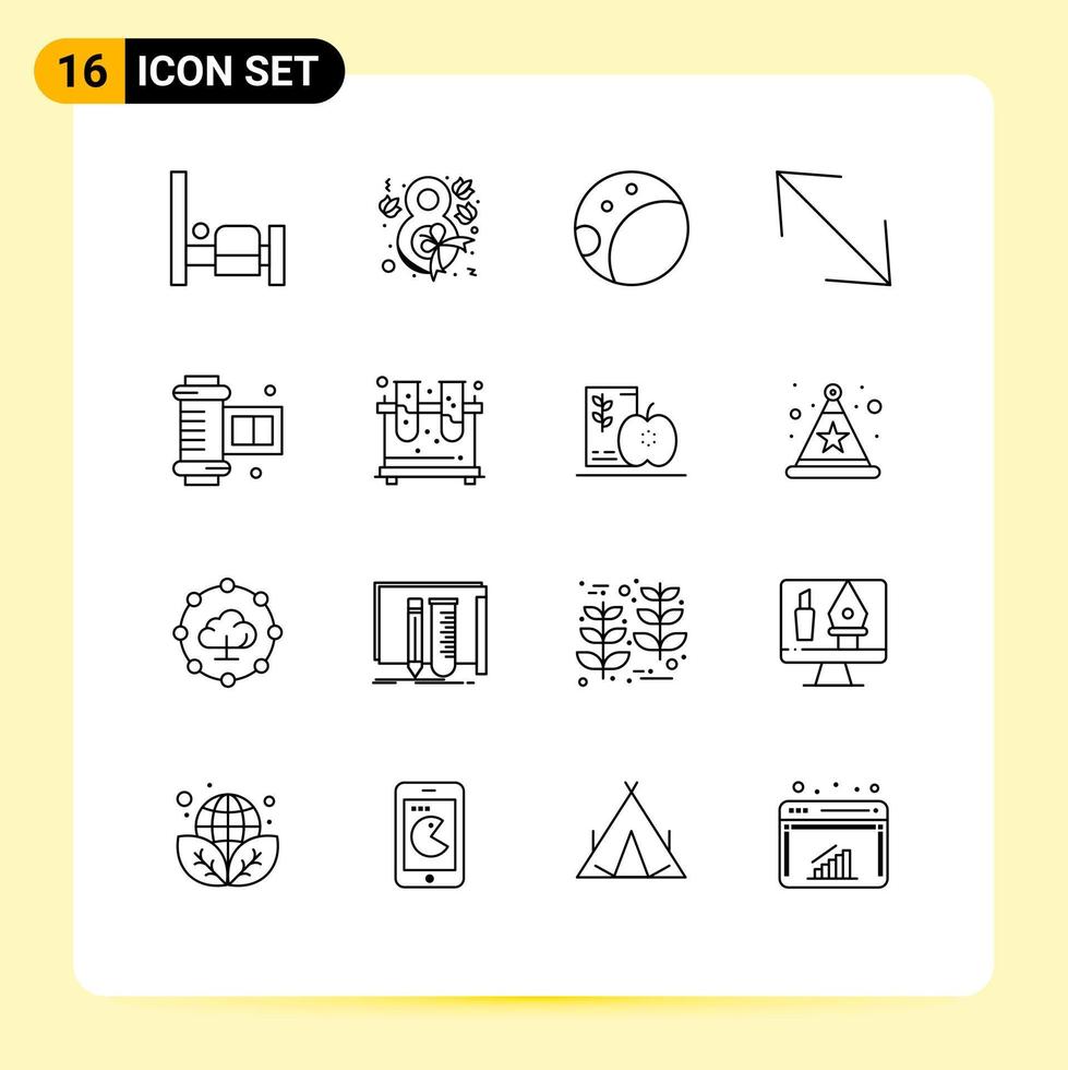 Outline Pack of 16 Universal Symbols of flask chemistry moon camera roll film ancient camera roll Editable Vector Design Elements
