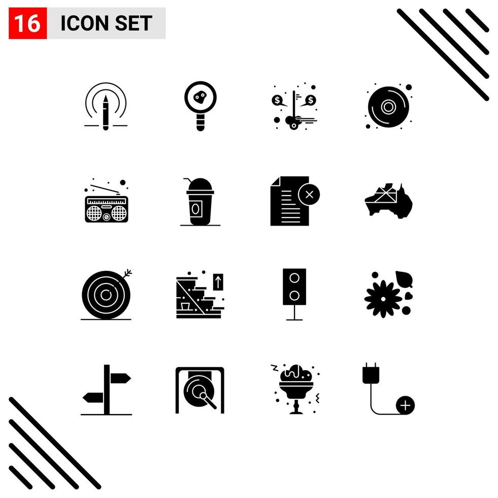 Mobile Interface Solid Glyph Set of 16 Pictograms of radio communication key dvd cd Editable Vector Design Elements