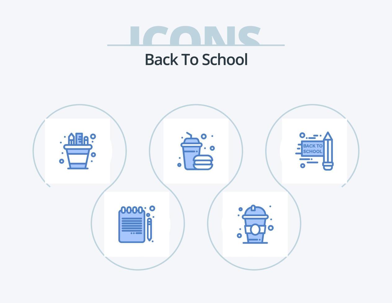 volver a la escuela icono azul paquete 5 diseño de iconos. escuela de regreso a la escuela. rápido. negocio. beber. maceta vector