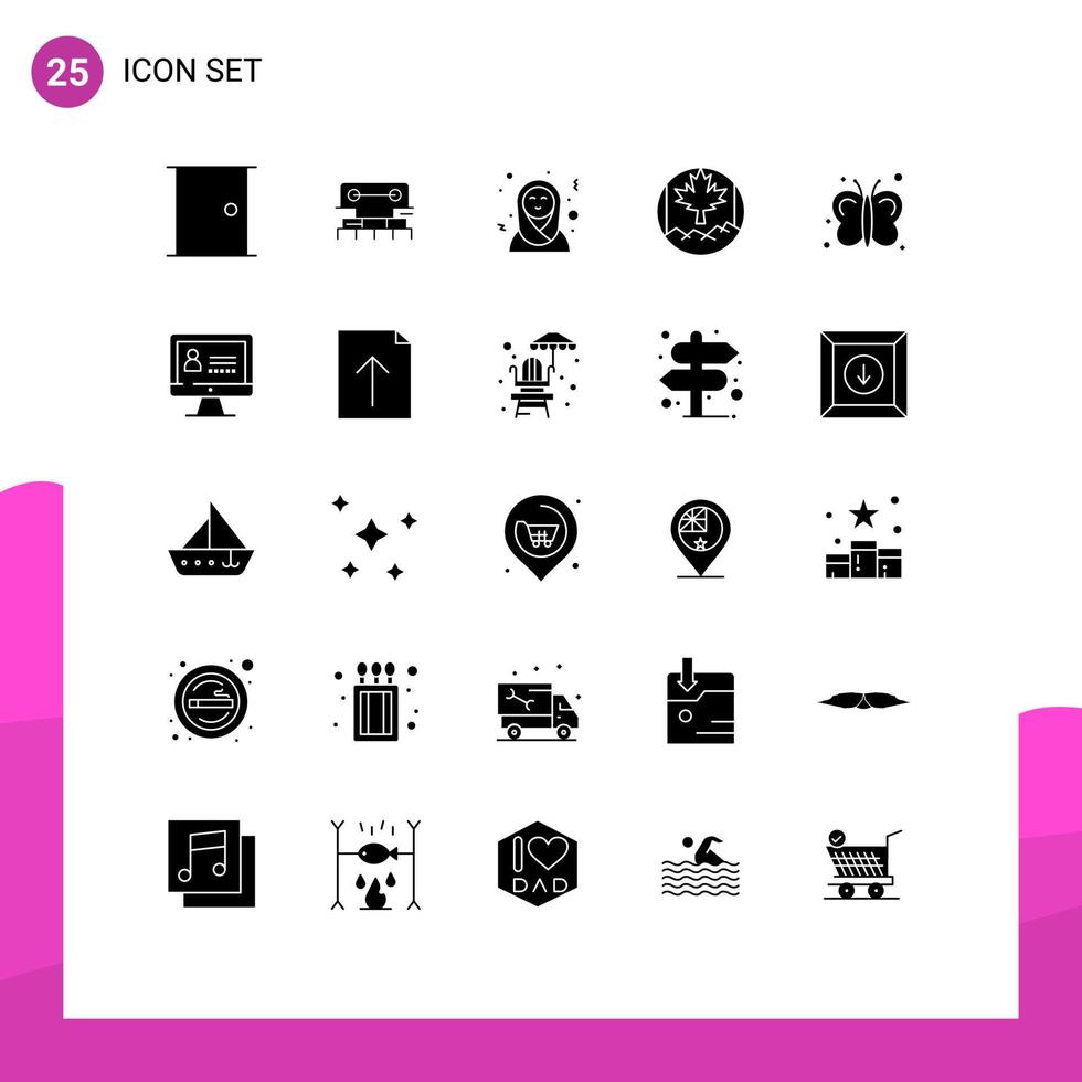 User Interface Pack of 25 Basic Solid Glyphs of fly flag scale leaf islamic women Editable Vector Design Elements