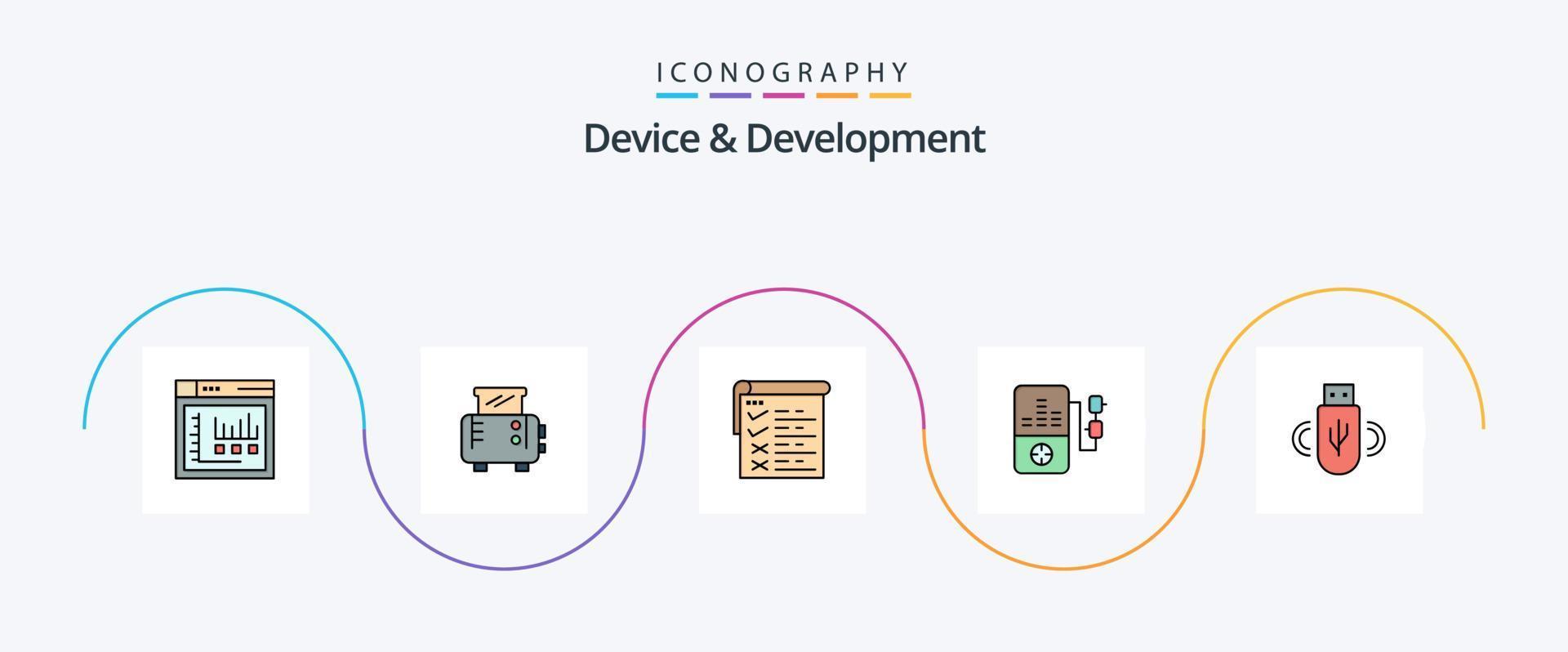 el dispositivo y la línea de desarrollo llenaron el paquete de iconos planos 5 que incluye almacenamiento. compartir . pruebas. USB . MP jugar vector