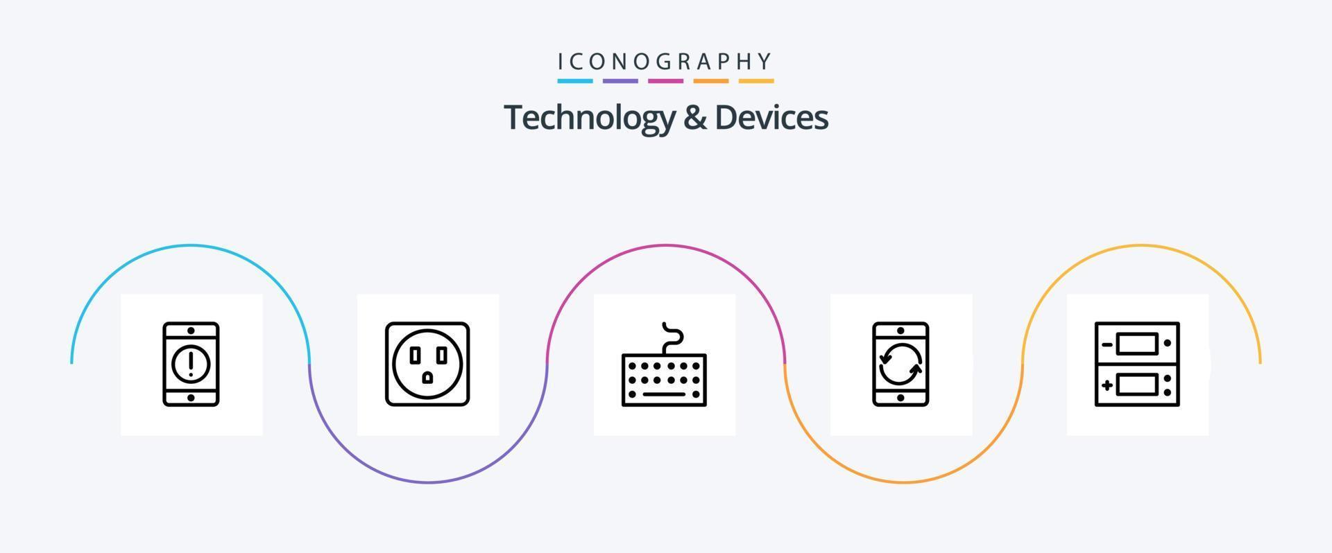 paquete de iconos de línea 5 de dispositivos que incluye juegos. consola. teclado. móvil. dispositivo vector