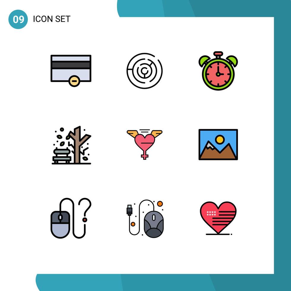 Pack of 9 Modern Filledline Flat Colors Signs and Symbols for Web Print Media such as wings tree alarm plant autumn Editable Vector Design Elements