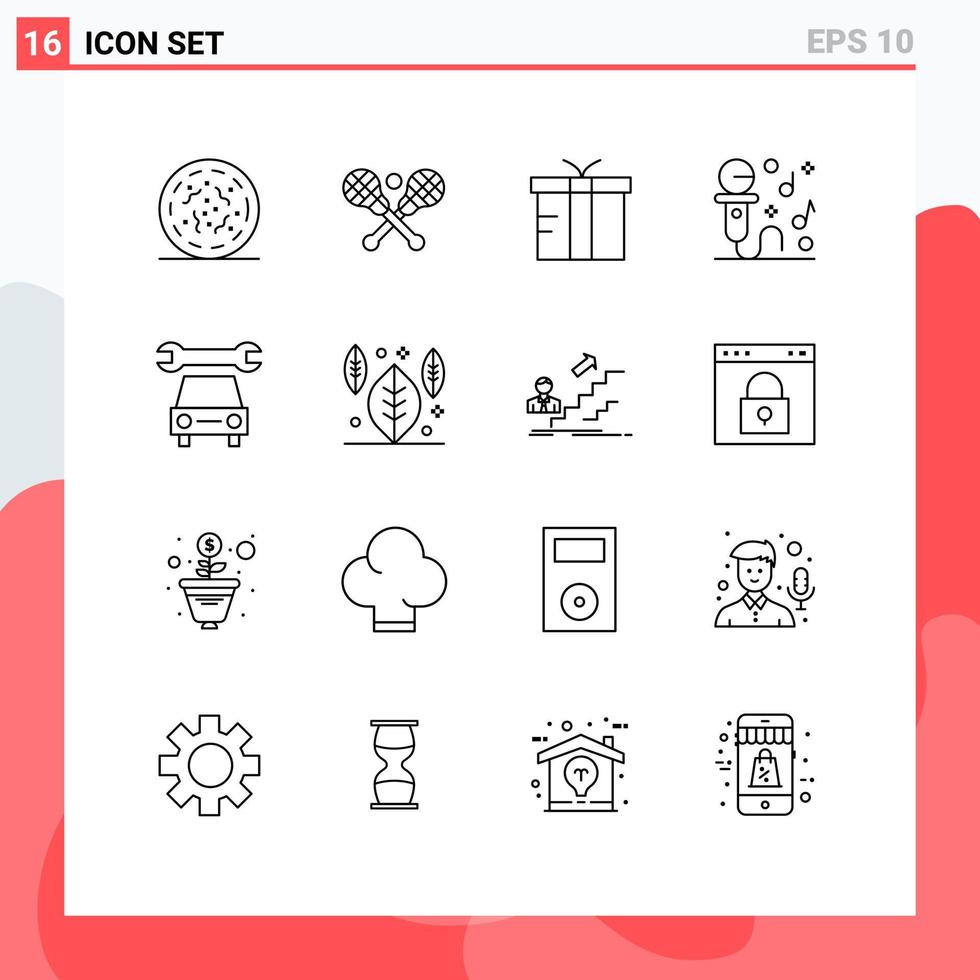 Group of 16 Modern Outlines Set for repair party box music karaoke Editable Vector Design Elements