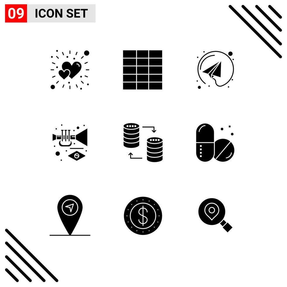 9 Solid Glyph concept for Websites Mobile and Apps share sql send server trumpet Editable Vector Design Elements