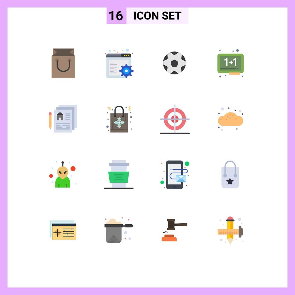 Pack of 16 creative Flat Colors of document whiteboard ball school education Editable Pack of Creative Vector Design Elements