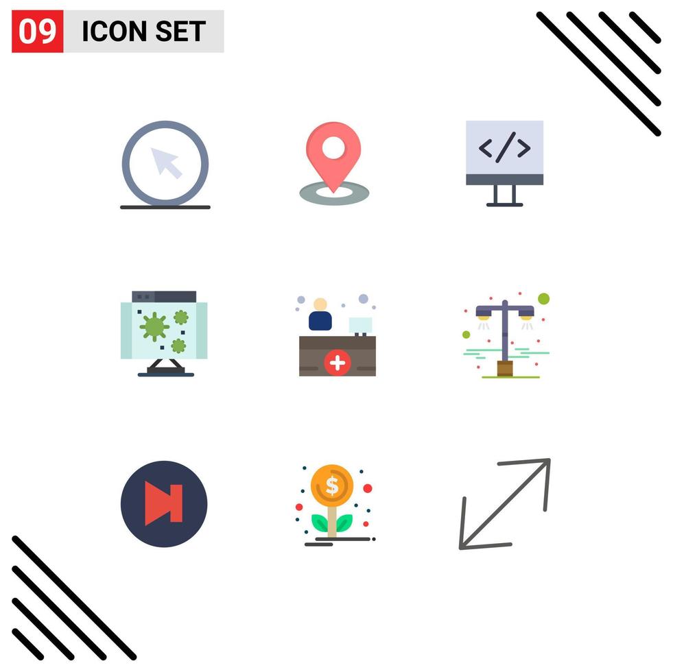 Group of 9 Flat Colors Signs and Symbols for hospital receptionist virus location internet biology Editable Vector Design Elements
