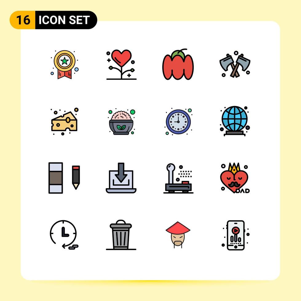 User Interface Pack of 16 Basic Flat Color Filled Lines of cheeses weapon medicine tool vegetables Editable Creative Vector Design Elements