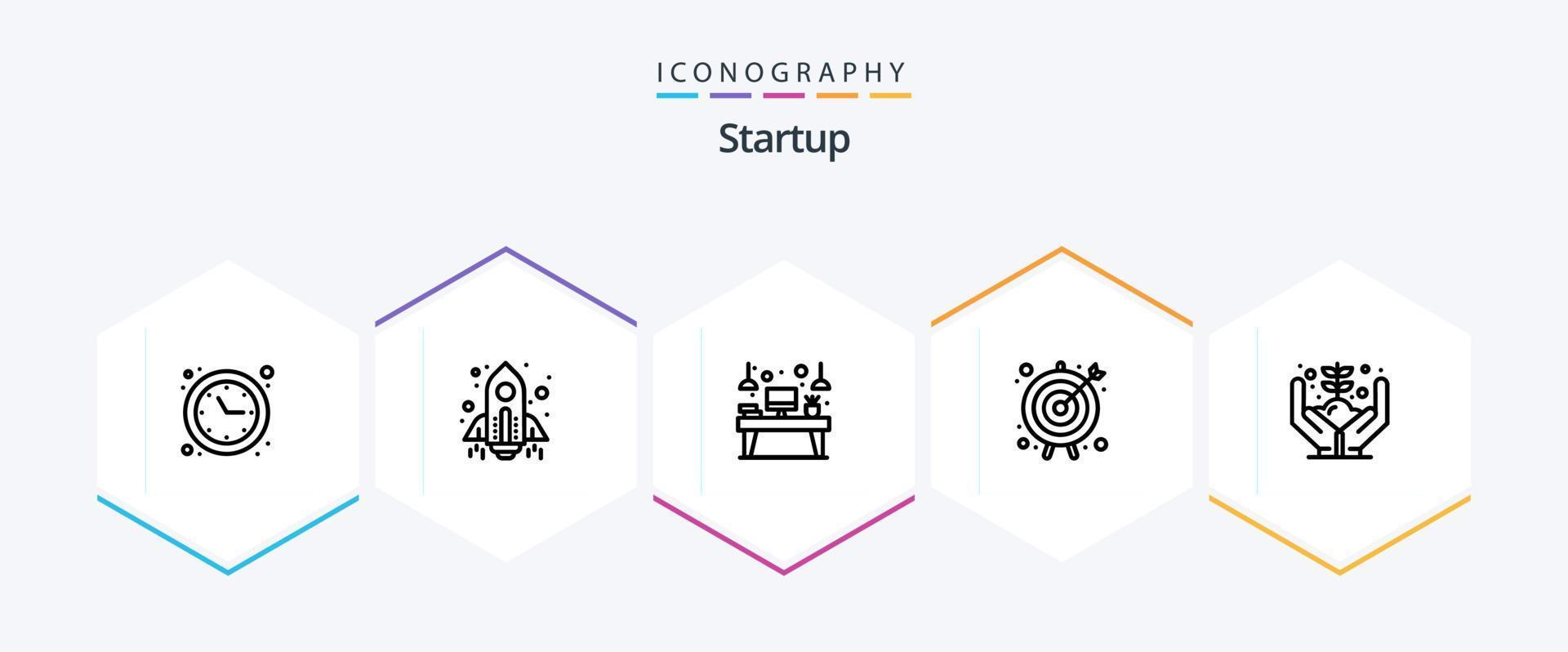 Startup 25 Line icon pack including growth. target. desk. goal. monitor vector