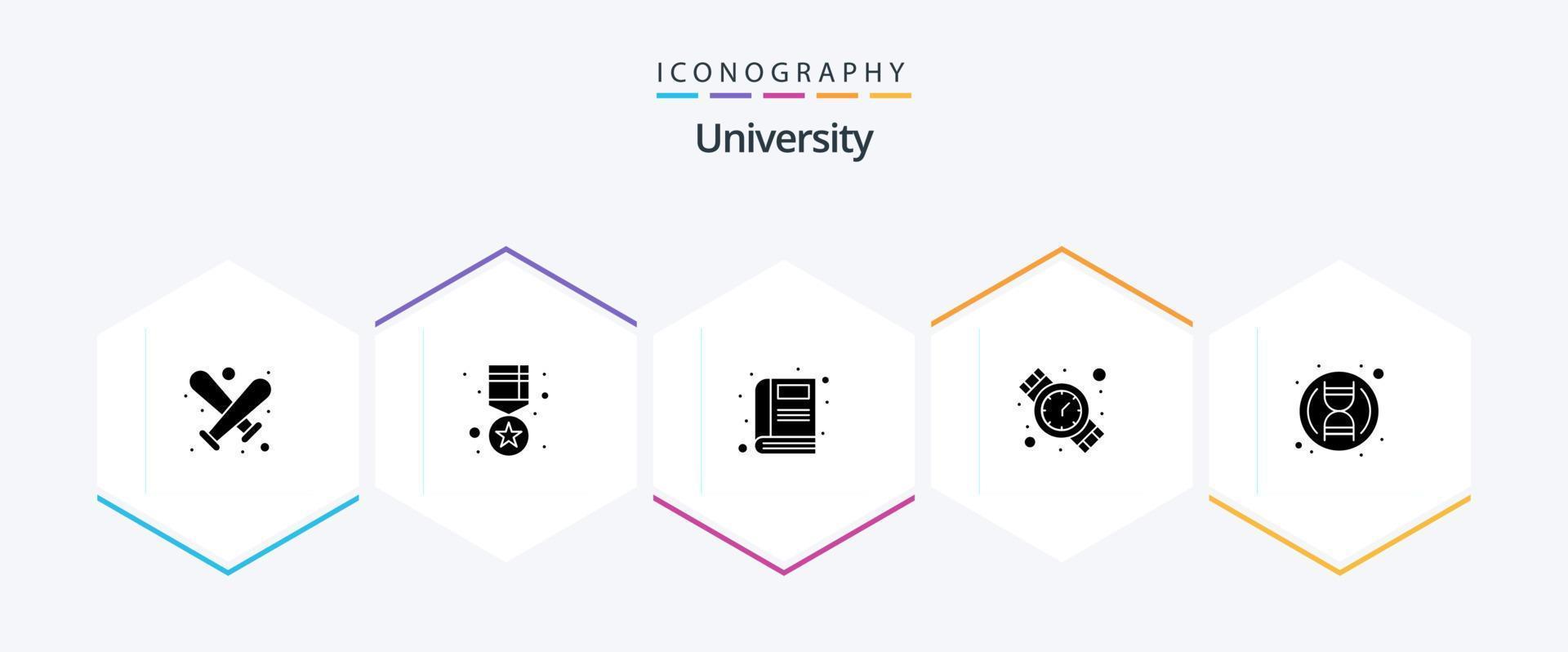 paquete de iconos de 25 glifos universitarios que incluye biología. libro. mirar. reloj de mano vector