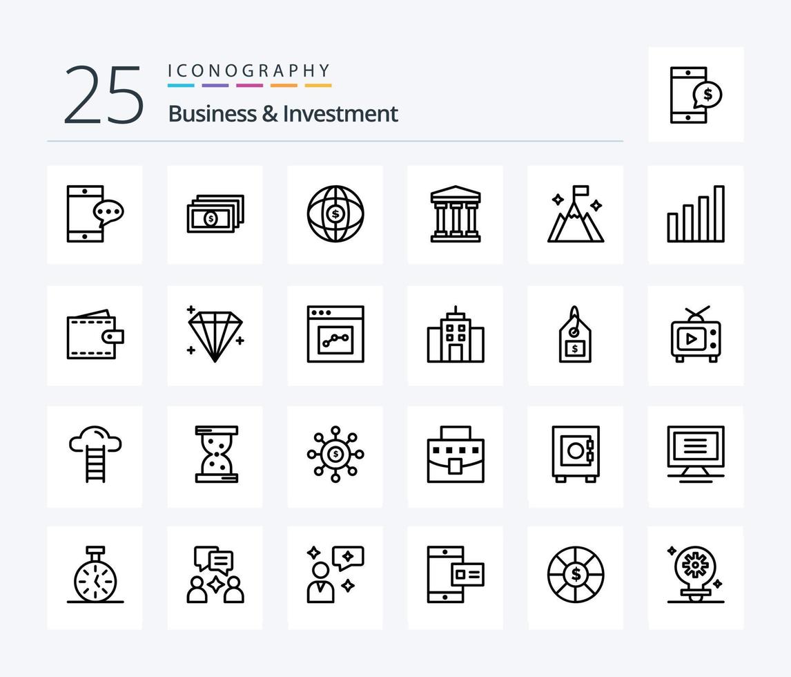 Business And Investment 25 Line icon pack including analytic. user. internet. flag. cash vector