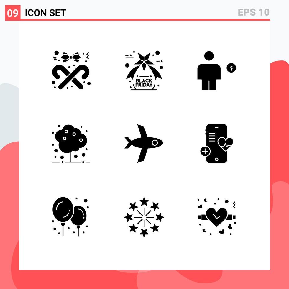 Modern Set of 9 Solid Glyphs Pictograph of flight nature avatar tree human Editable Vector Design Elements