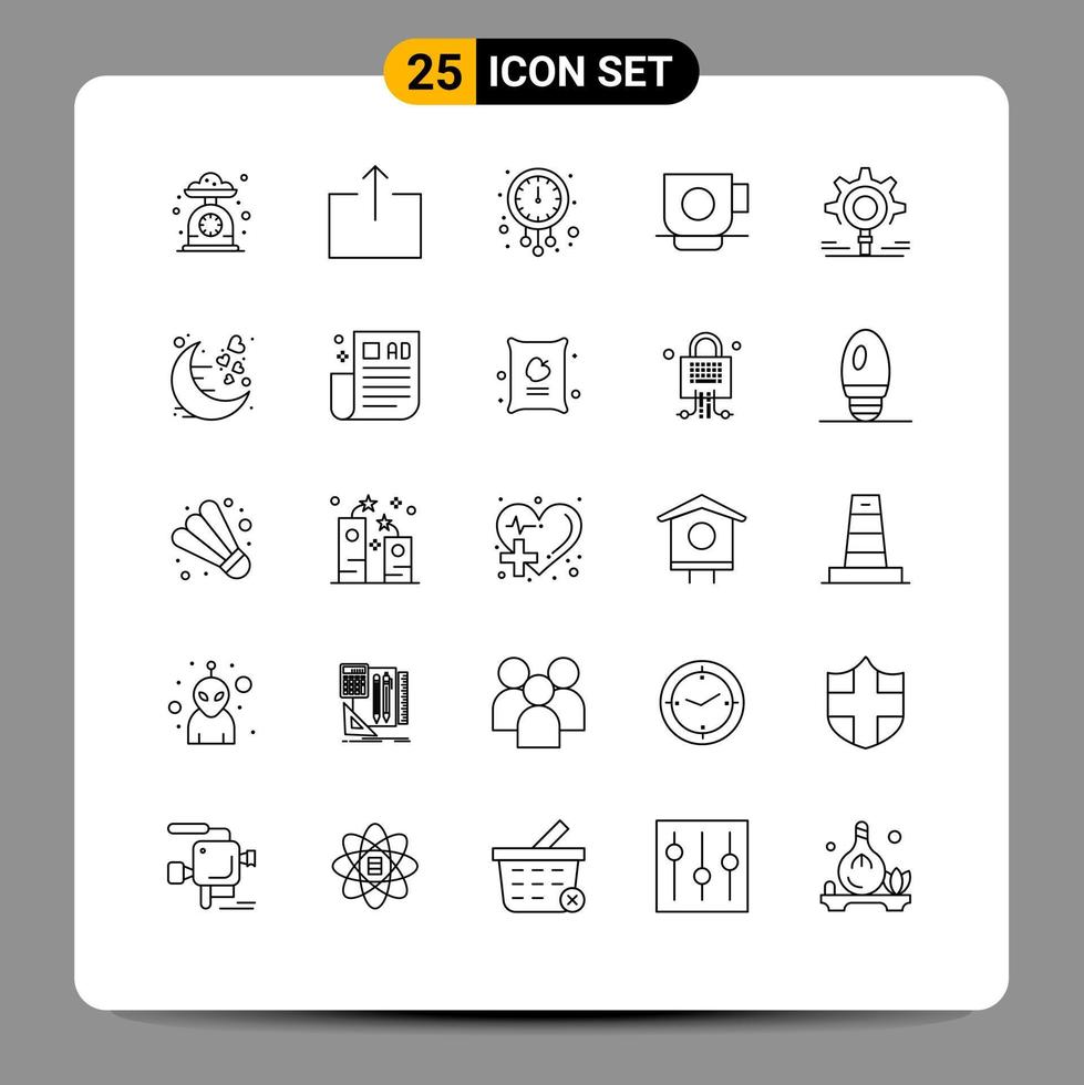 Editable Vector Line Pack of 25 Simple Lines of gear cup clock coffee watch Editable Vector Design Elements
