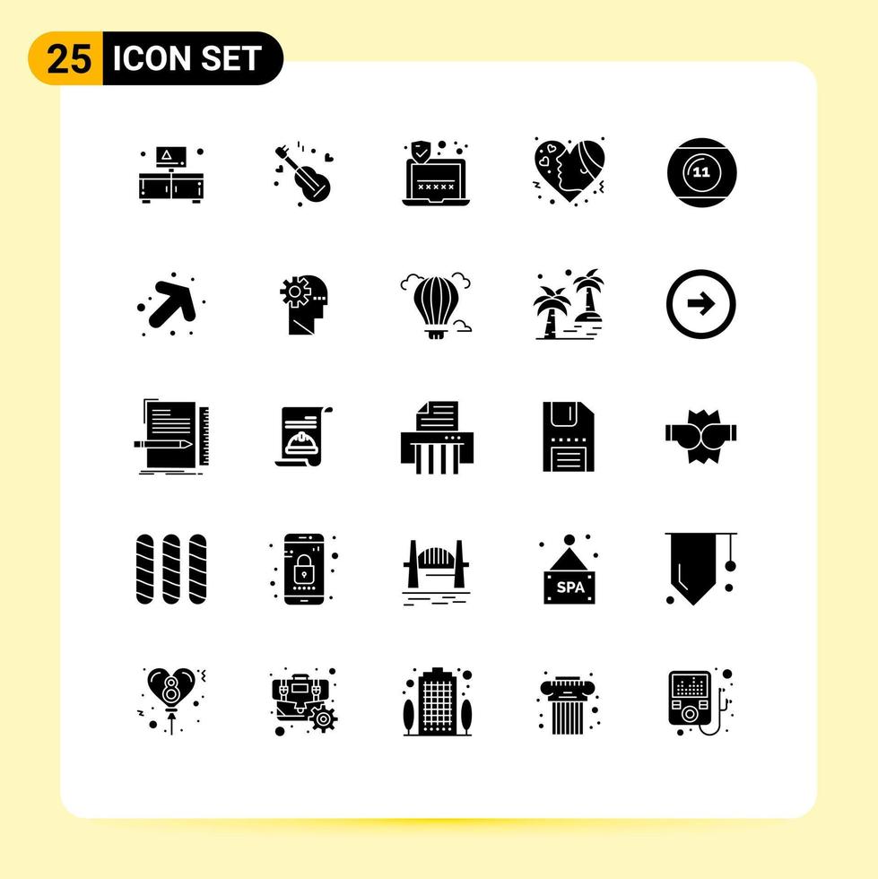 Modern Set of 25 Solid Glyphs Pictograph of equipment love password hearts emotion Editable Vector Design Elements
