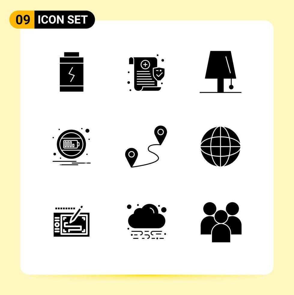 Pictogram Set of 9 Simple Solid Glyphs of pin notification interior interface battery Editable Vector Design Elements