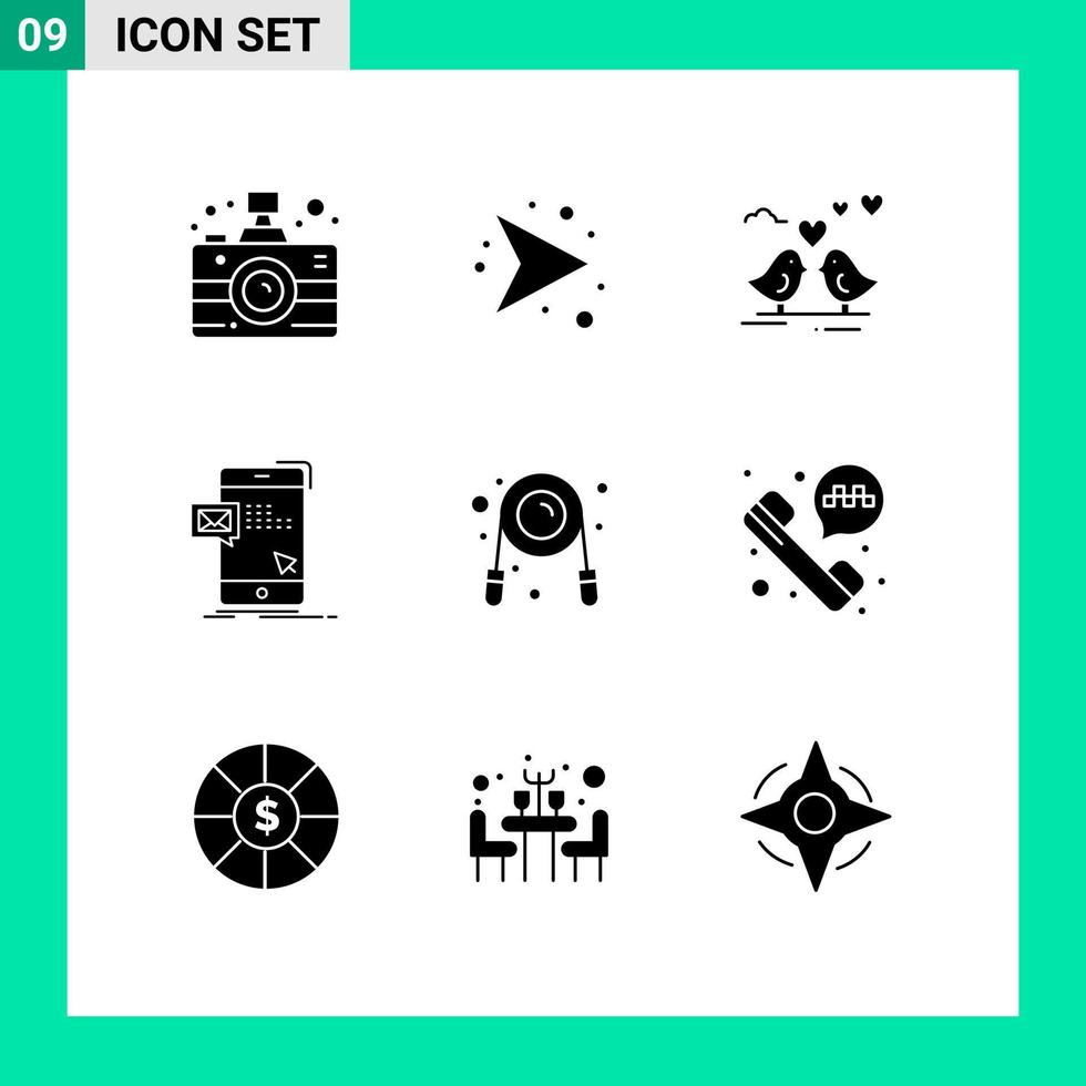 Pack of 9 Modern Solid Glyphs Signs and Symbols for Web Print Media such as exercise mail bride instant bulk Editable Vector Design Elements