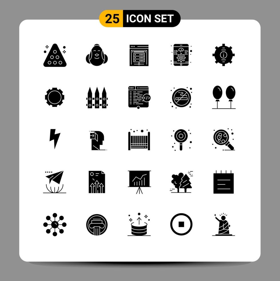 Modern Set of 25 Solid Glyphs Pictograph of responsive development baby app data server Editable Vector Design Elements