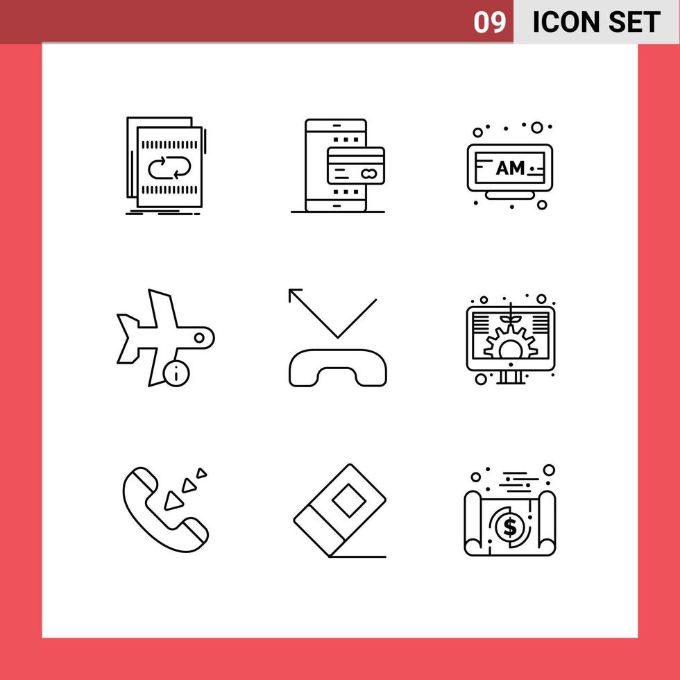 Mobile Interface Outline Set of 9 Pictograms of transport info payment flight clock Editable Vector Design Elements