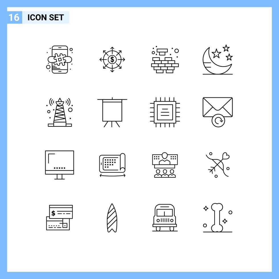 Group of 16 Outlines Signs and Symbols for technology star logic sleep mode Editable Vector Design Elements
