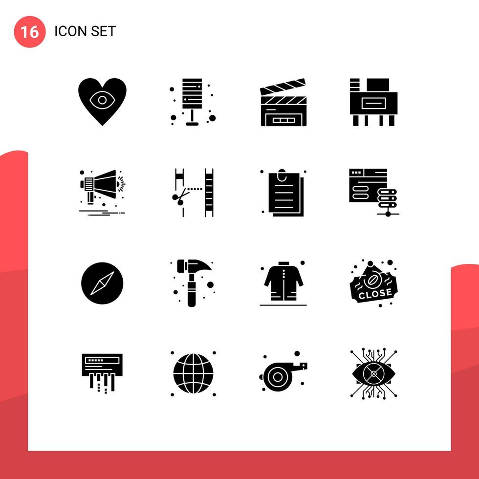 Group of 16 Solid Glyphs Signs and Symbols for multimedia announcement clapboard school desk Editable Vector Design Elements