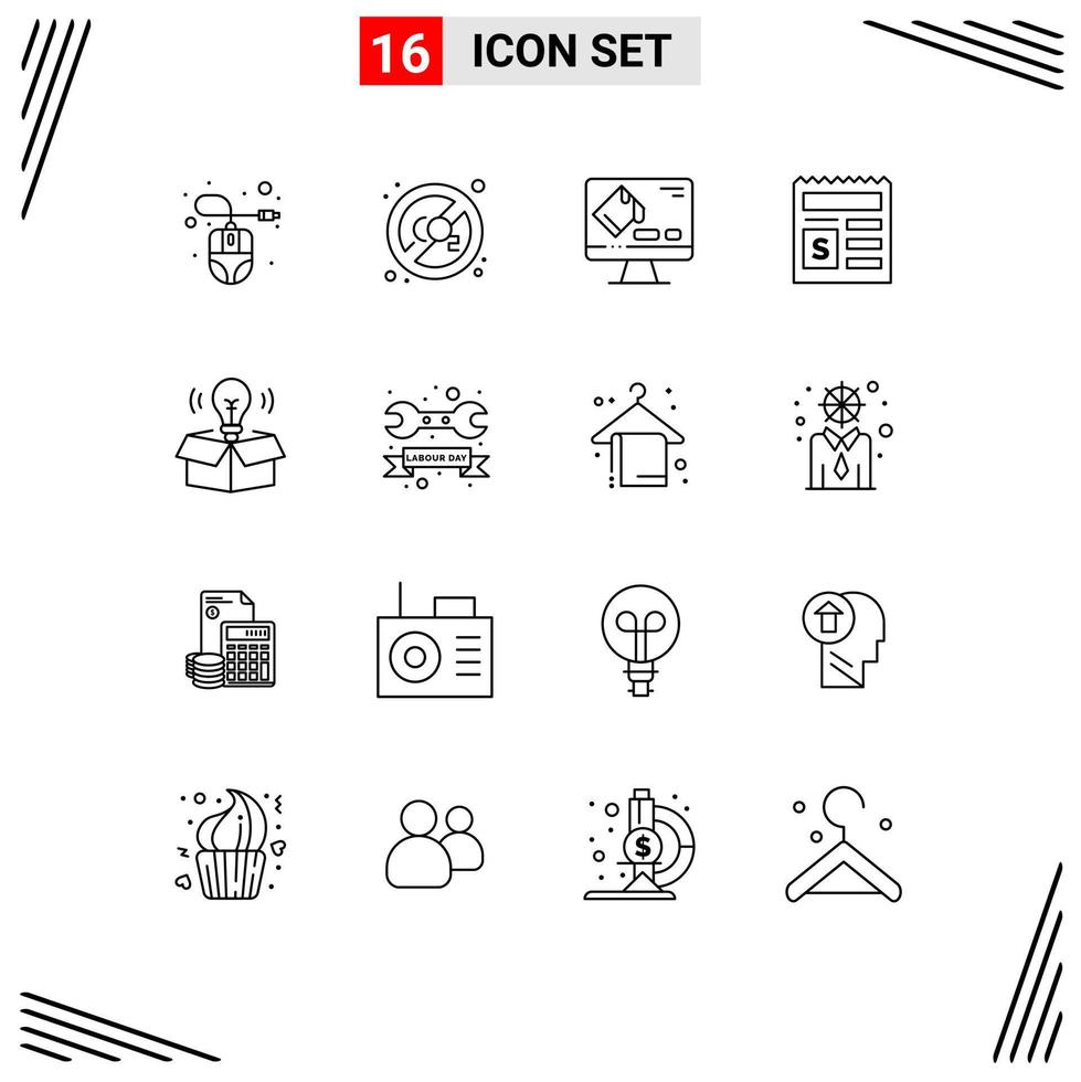 Pack of 16 Modern Outlines Signs and Symbols for Web Print Media such as bulb bank color document basic Editable Vector Design Elements