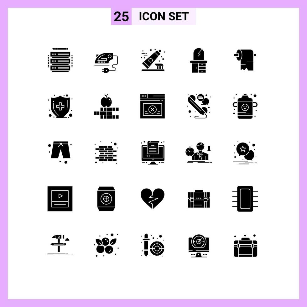 Modern Set of 25 Solid Glyphs and symbols such as tissue cleaning dentifrice dresser home Editable Vector Design Elements