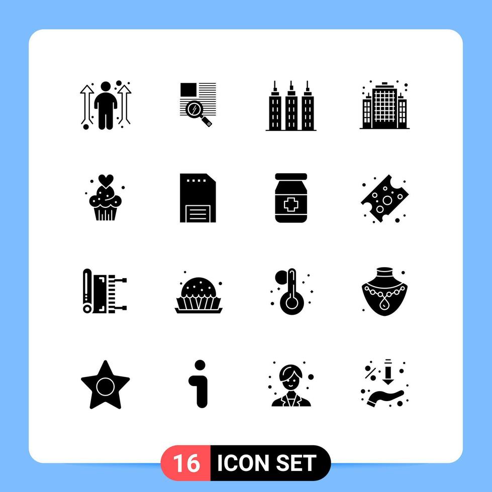 Editable Vector Line Pack of 16 Simple Solid Glyphs of baked cup cake building cake estate Editable Vector Design Elements