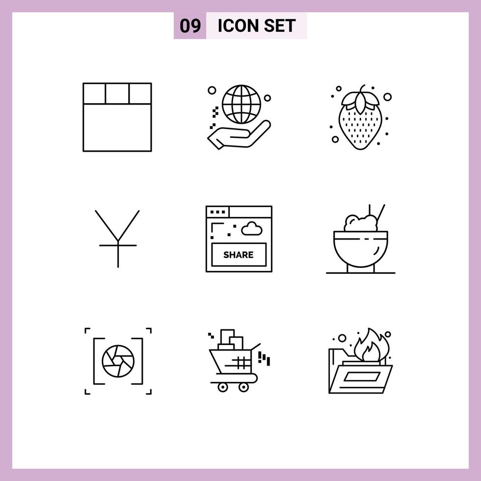 grupo universal de símbolos de iconos de 9 esquemas modernos de chinos que comparten alimentos saludables comparten elementos de diseño de vectores editables en yenes