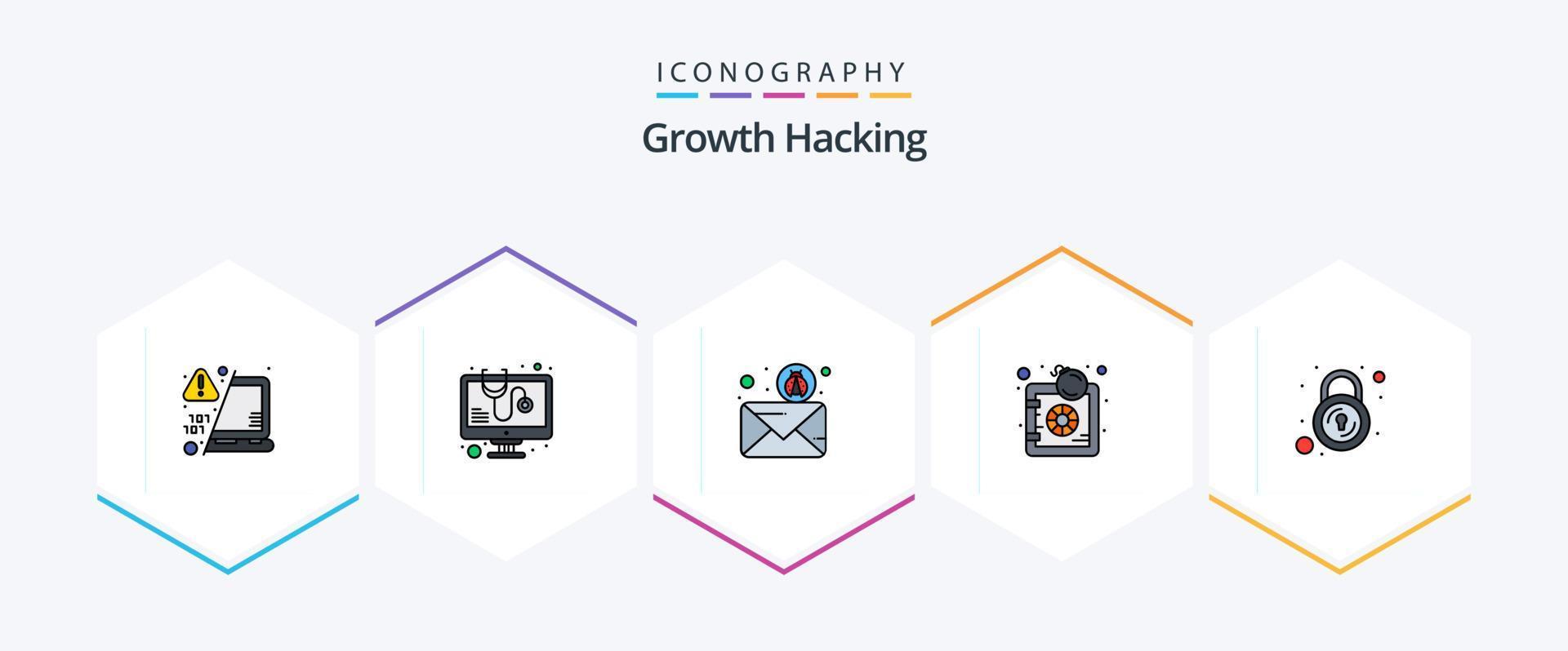 Hacking 25 FilledLine icon pack including closed. virus. email. skull. virus vector
