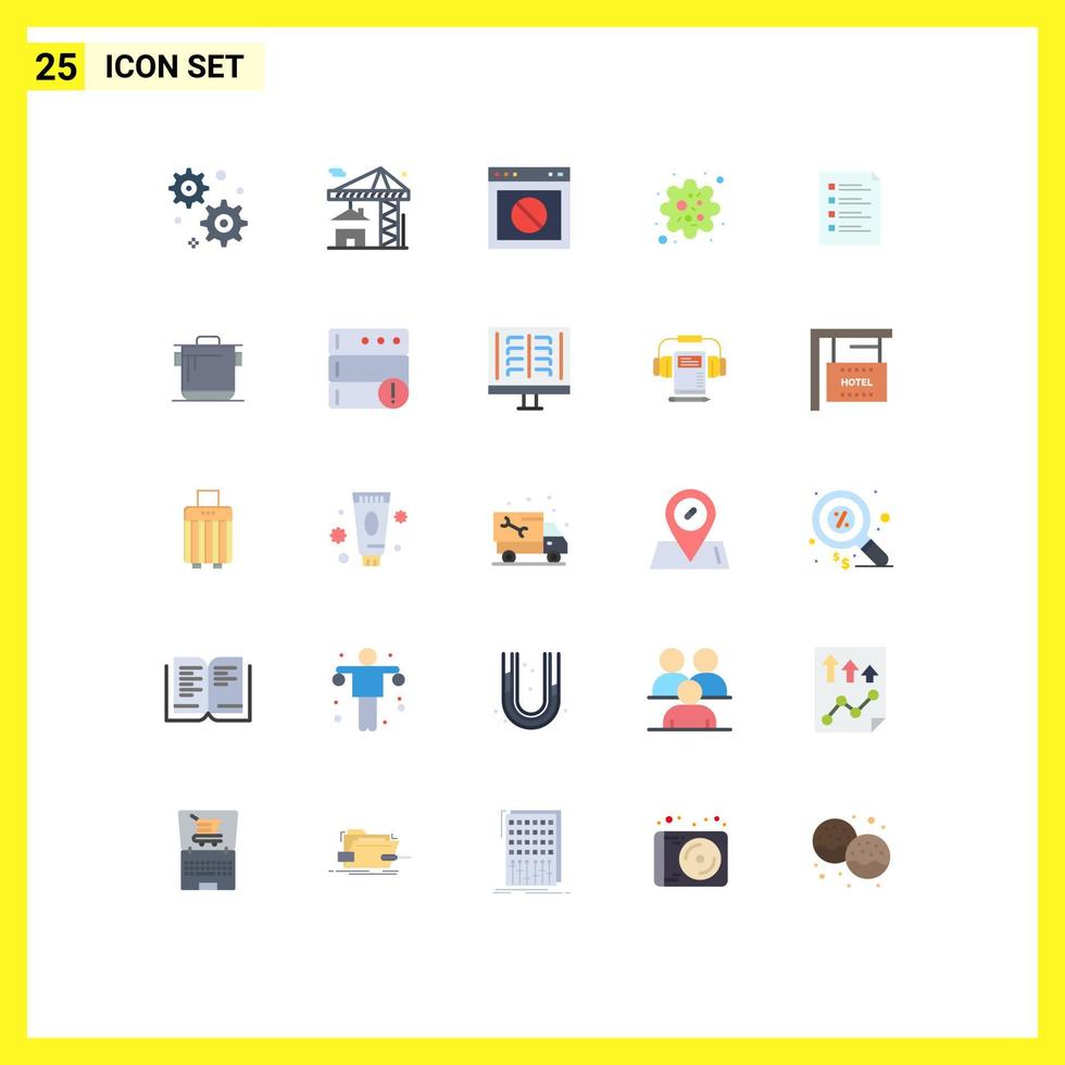 25 Universal Flat Color Signs Symbols of file checklist warning virus particle Editable Vector Design Elements