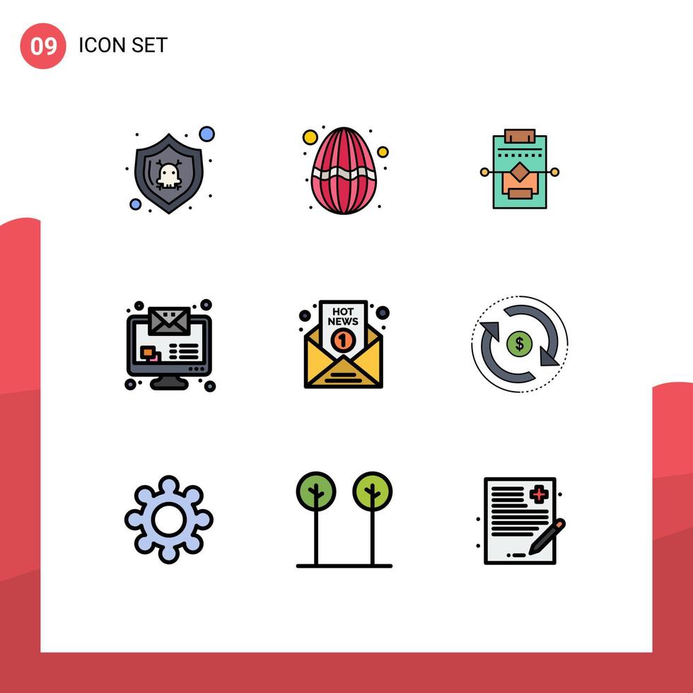 Set of 9 Modern UI Icons Symbols Signs for media breaking news workflow monitor email imac Editable Vector Design Elements