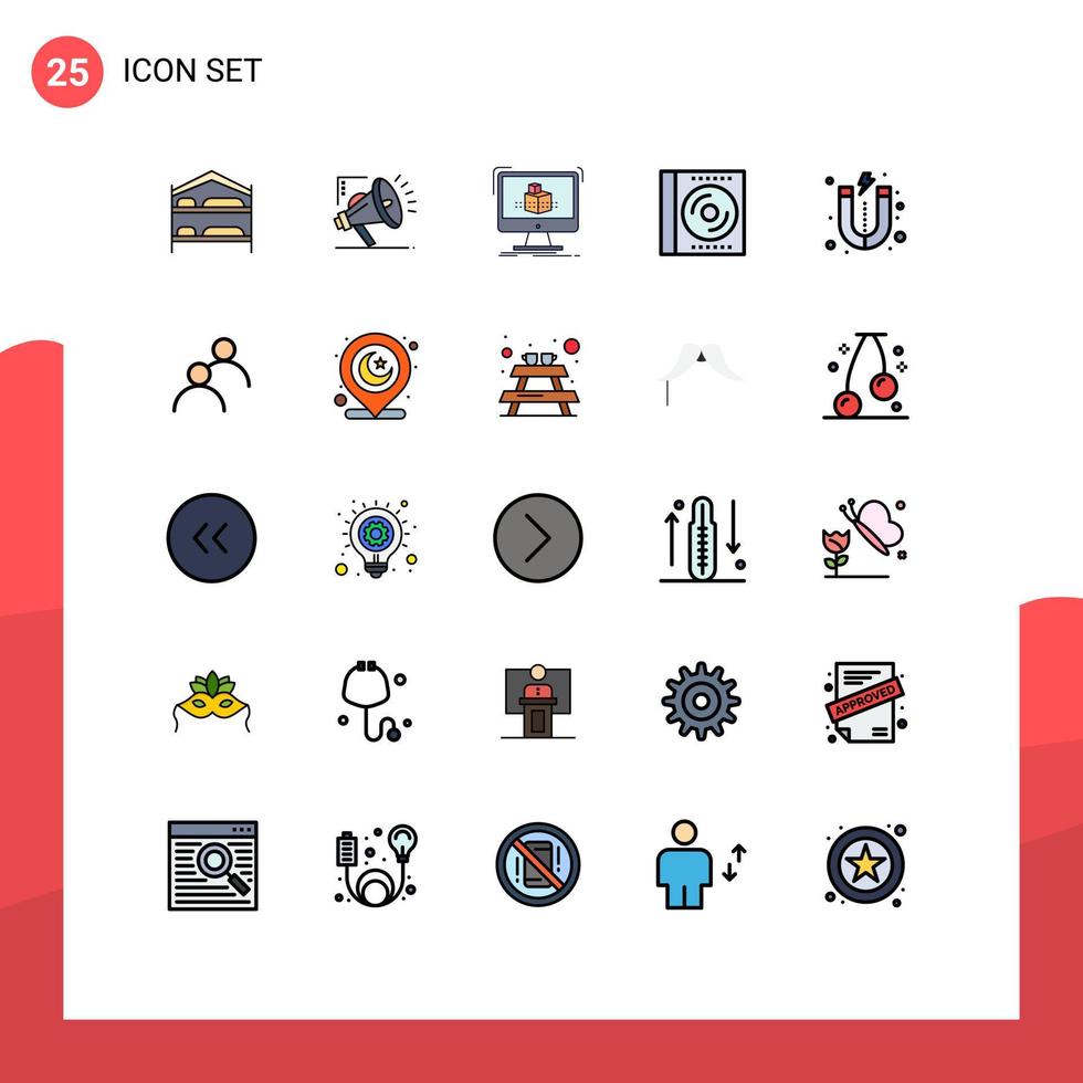 Mobile Interface Filled line Flat Color Set of 25 Pictograms of lead digital cube compact blu ray Editable Vector Design Elements