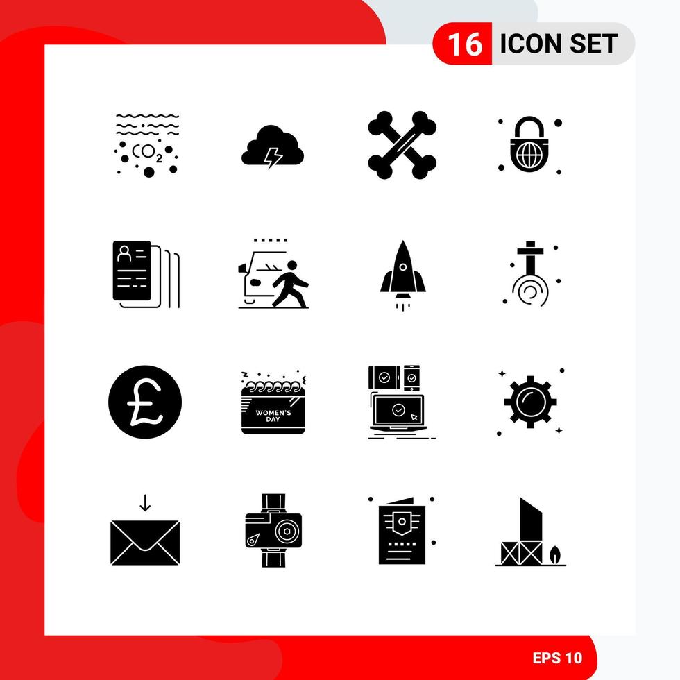 Group of 16 Modern Solid Glyphs Set for document globe lock sun globe science Editable Vector Design Elements