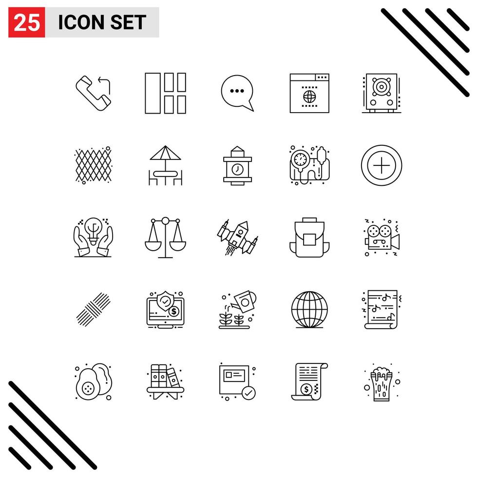 Pack of 25 Modern Lines Signs and Symbols for Web Print Media such as carnival party comment loudspeaker website Editable Vector Design Elements