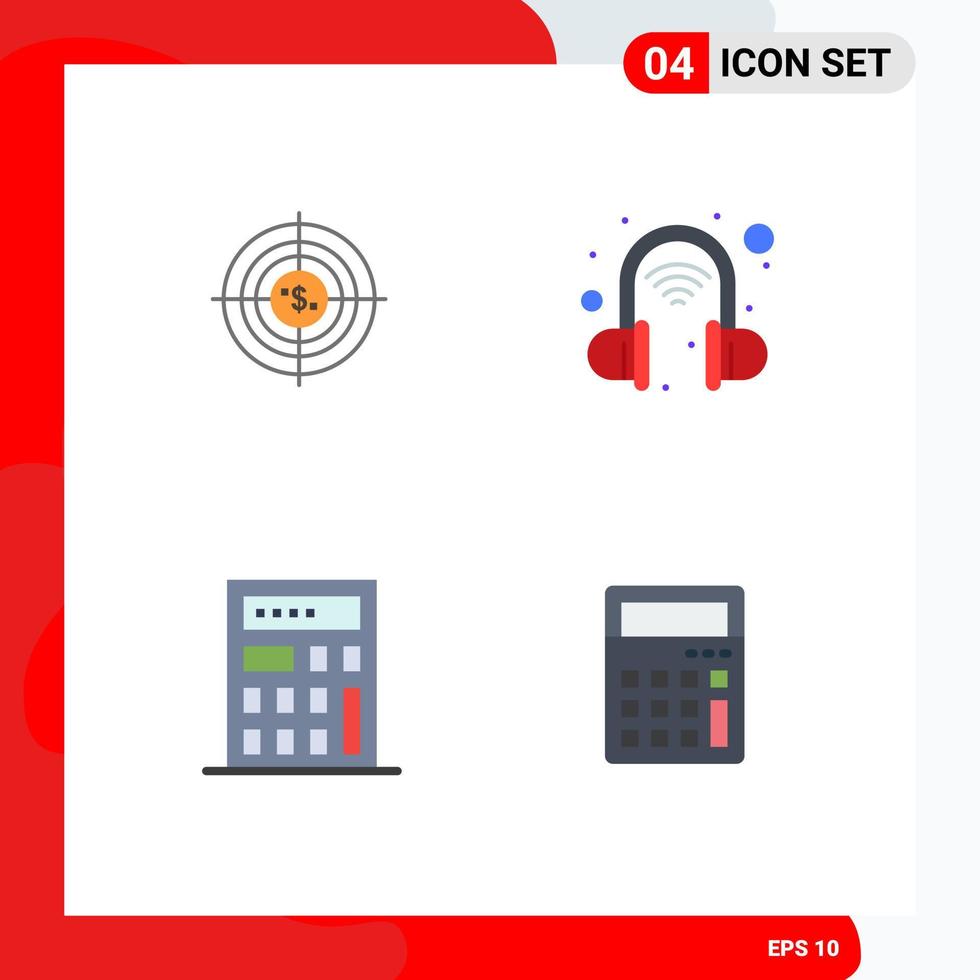 Group of 4 Modern Flat Icons Set for target technology cash hunting calculator Editable Vector Design Elements