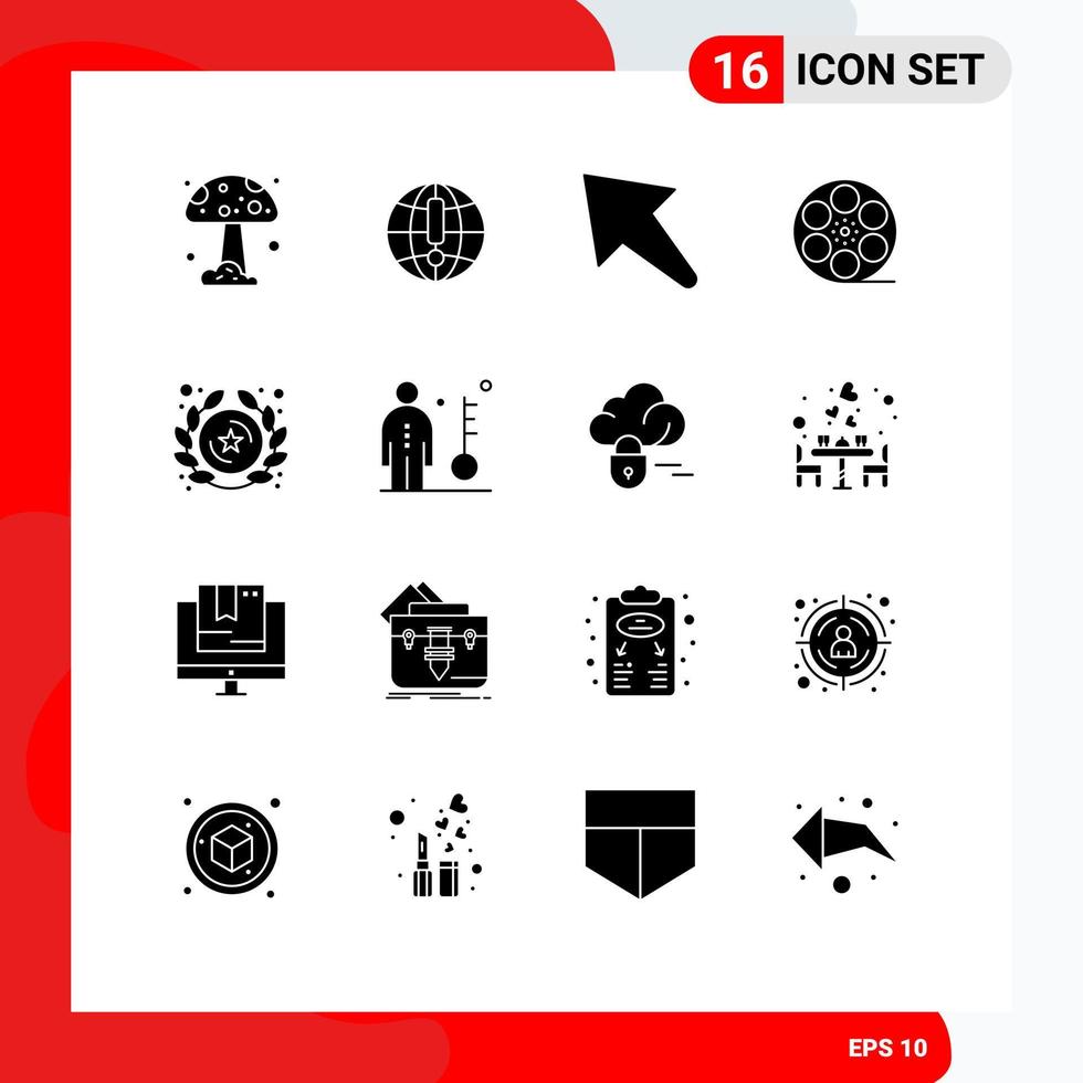 User Interface Pack of 16 Basic Solid Glyphs of star insignia left badge video Editable Vector Design Elements