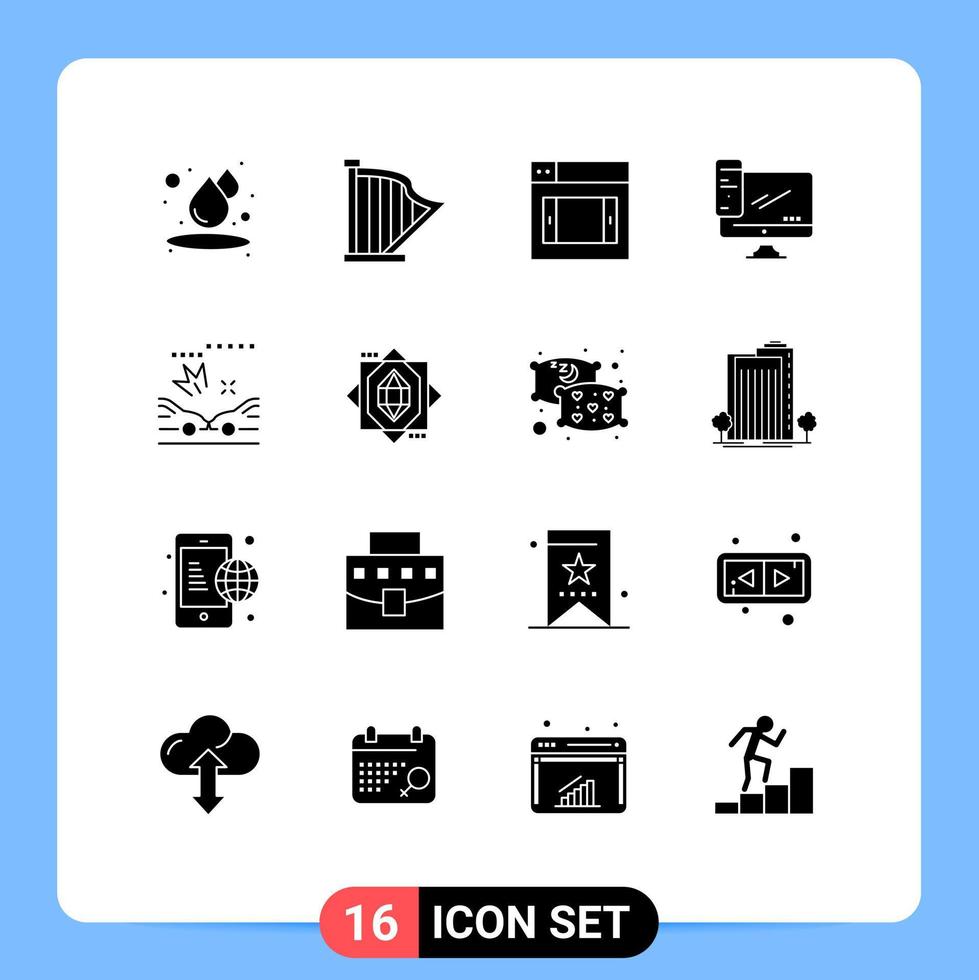 16 User Interface Solid Glyph Pack of modern Signs and Symbols of crash server web pc monitor Editable Vector Design Elements