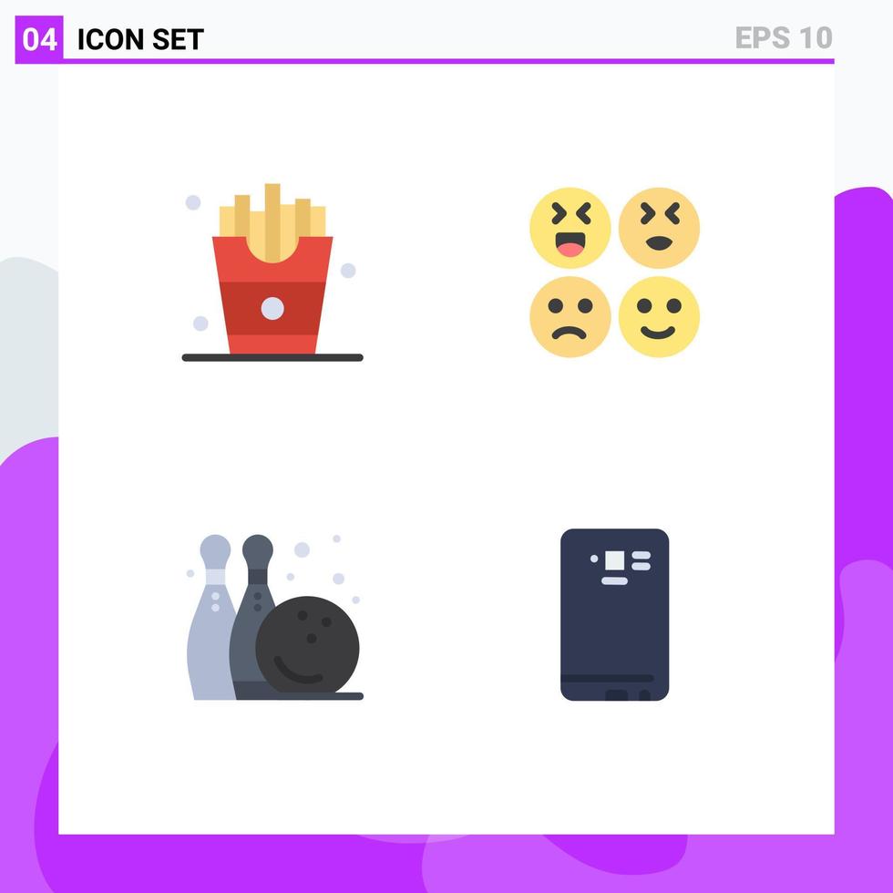 Modern Set of 4 Flat Icons Pictograph of drink game french fries sad phone Editable Vector Design Elements