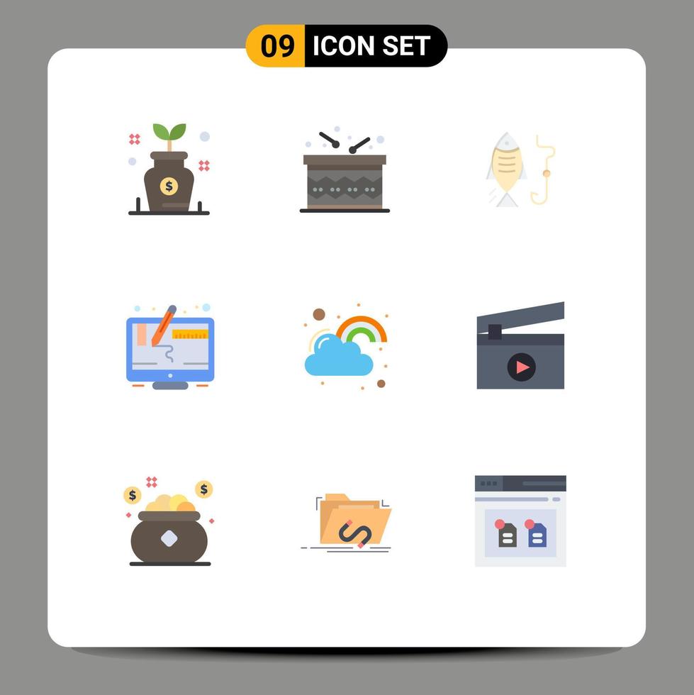 Group of 9 Flat Colors Signs and Symbols for happy screen fishing graphic computer Editable Vector Design Elements
