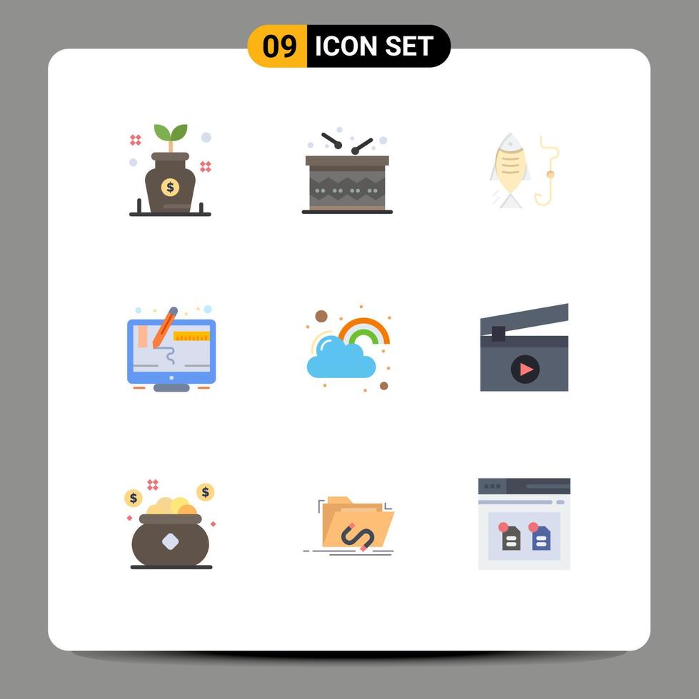 grupo de 9 signos y símbolos de colores planos para elementos de diseño de vectores editables de computadora gráfica de pesca de pantalla feliz