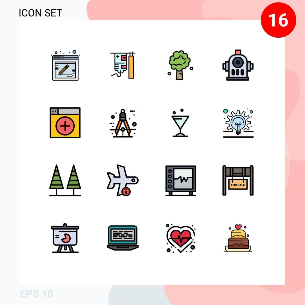 Mobile Interface Flat Color Filled Line Set of 16 Pictograms of window water tree hydrant spring Editable Creative Vector Design Elements