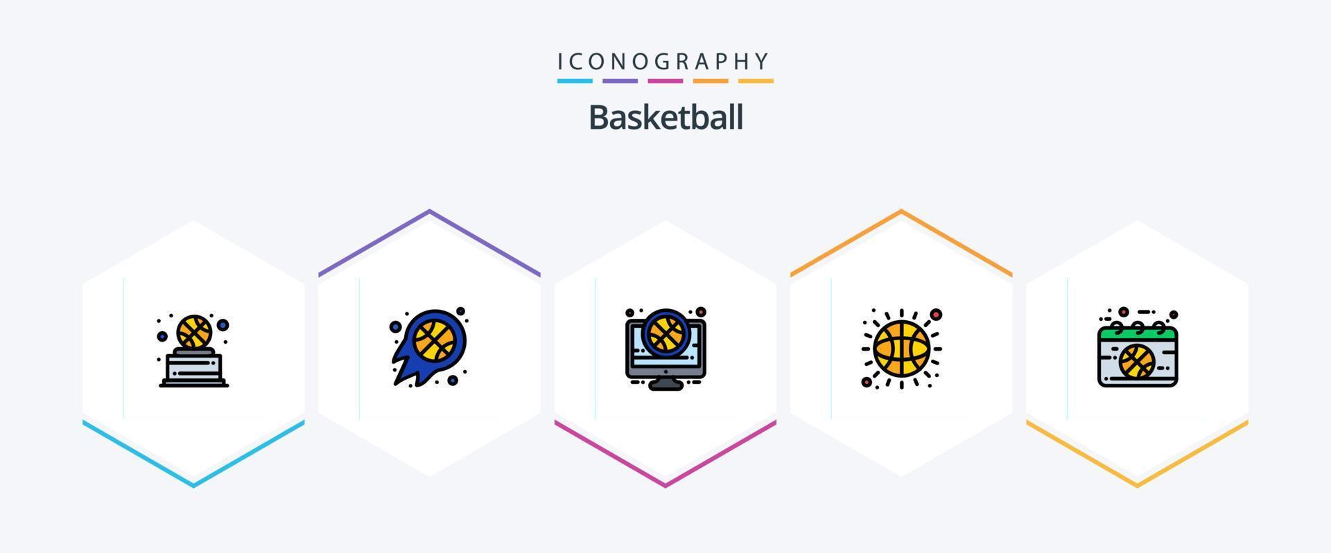 paquete de íconos de baloncesto de 25 líneas completas que incluye calendario. baloncesto. deporte. pelota. vivir vector